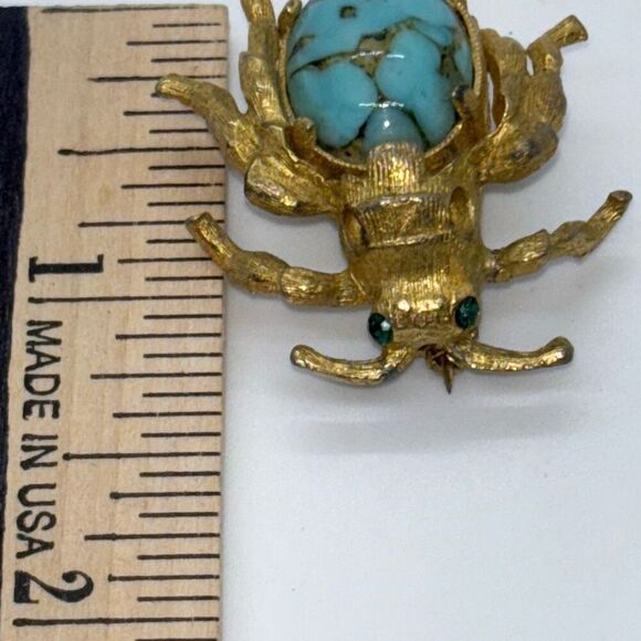 Vintage RISA pin/brooch turquoise cabochon bug beetle gemstone eyes - Picture 8 of 10